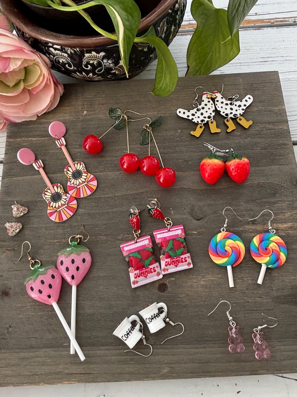 Assorted Novelty Earrings – Bright Pink Strawberry, Cherry, Lollipop & More
